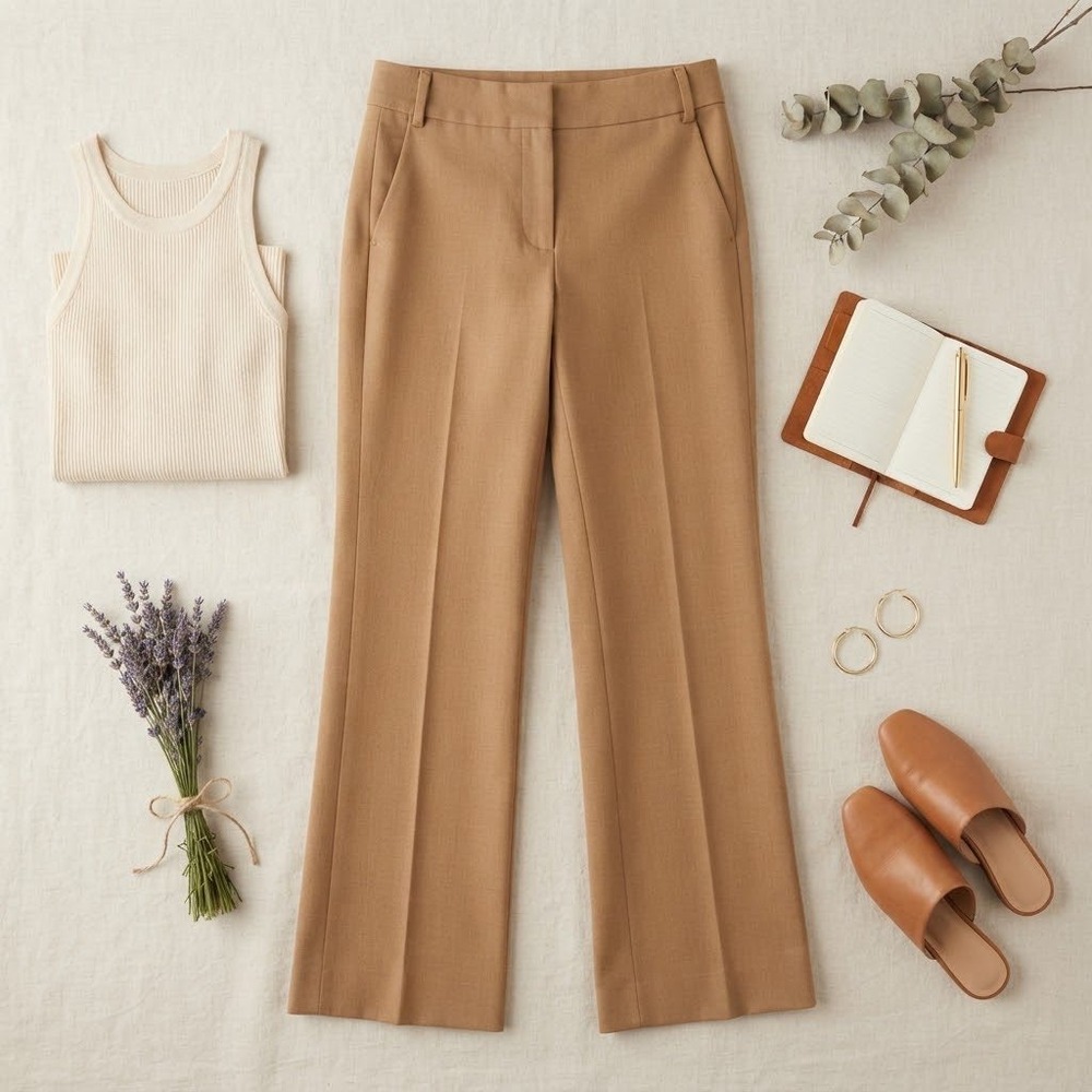 Loft Outlet Petite Trouser Pants Camel Brown Herringbone Wide Leg Size 00P